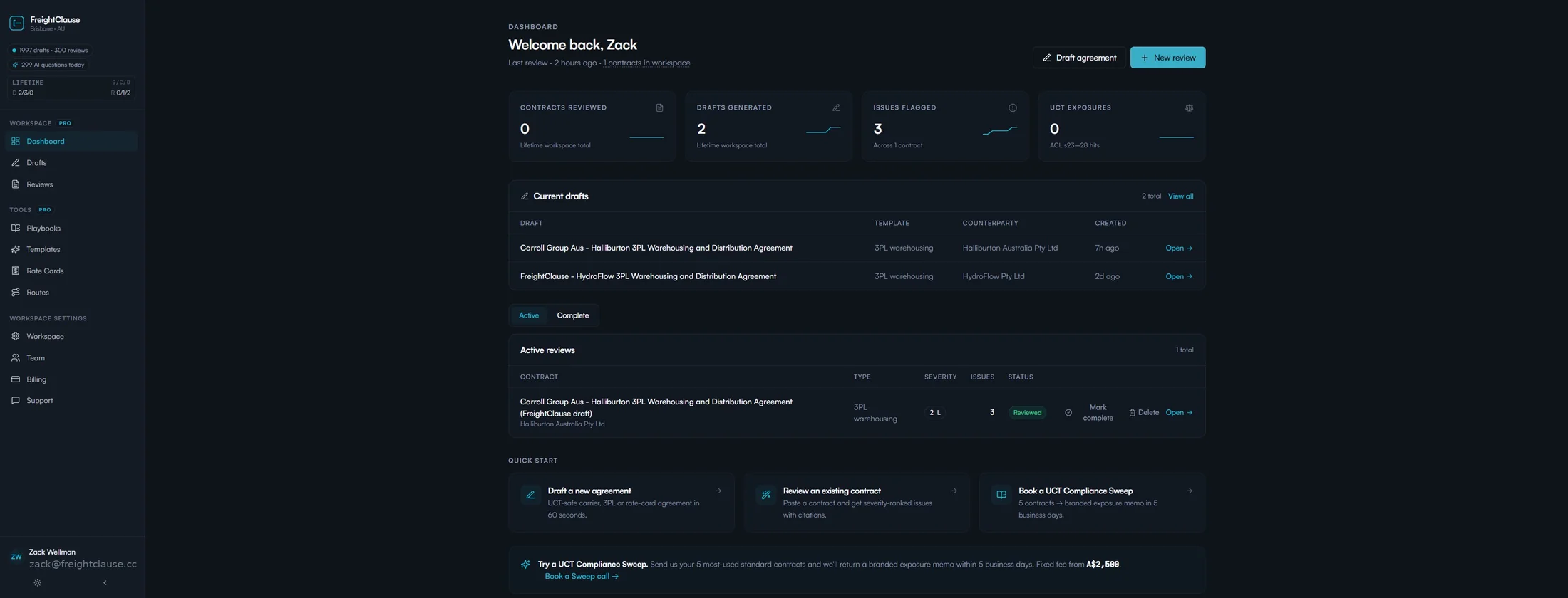 The FreightClause workspace dashboard, drafts, reviews and risk flags