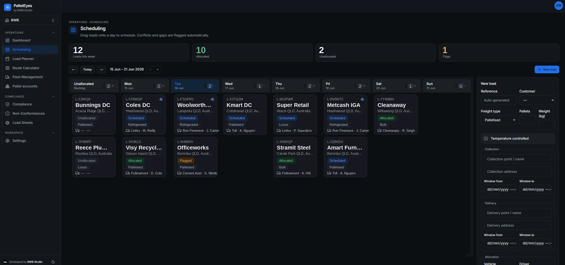 PalletEyes Scheduling board, loads across the week with allocation status and compliance flags