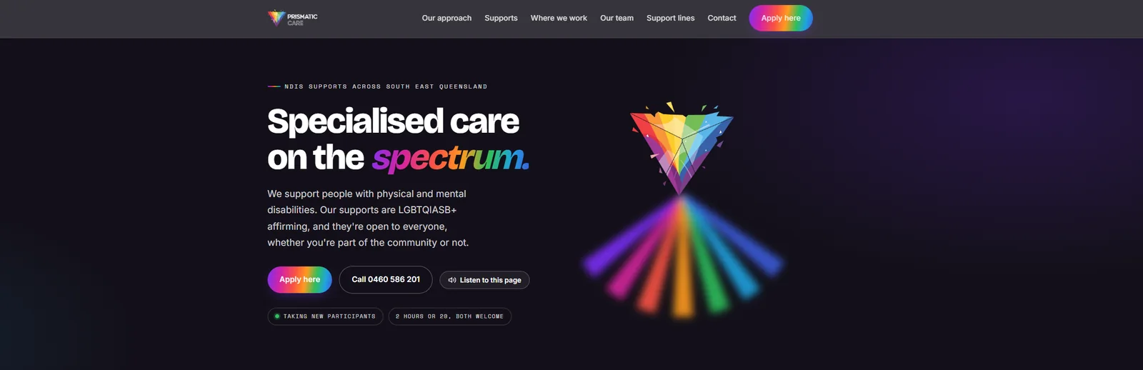 Prismatic Care website, NDIS supports across South East Queensland